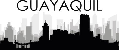 GUAYAQUIL, ECUADOR 'un arka planında gri sisli şehir binaları olan siyah şehir manzarası manzarası manzarası