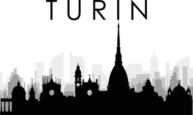 TURIN 'in (TORINO) arka planında gri sisli şehir binaları olan siyah şehir manzarası manzarası manzarası, İtalya