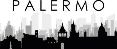 PALERMO, İtalya 'nın arka planında gri sisli şehir binaları bulunan siyah şehir manzaralı gökyüzü manzarası