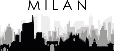 MILAN 'ın (MILANO) arka planında gri sisli şehir binaları olan siyah şehir manzarası manzarası manzarası, İtalya