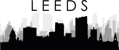 Siyah şehir manzarası, gri sisli şehir binalarının arka planında LEEDS, UNITED KINGDOM