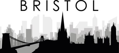 BRISTOL, BİRLİK KINGDOM 'un arka planında gri sisli şehir binaları olan siyah şehir manzarası gökyüzü manzarası