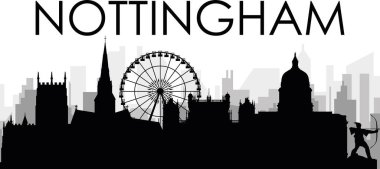 NOTTINGHAM, UNITED KINGDOM 'un arka planında gri sisli şehir binaları bulunan siyah şehir manzarası manzarası