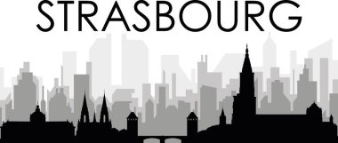 STRASBOURG, FRANCE arka planında gri sisli şehir binaları olan siyah şehir manzarası manzarası