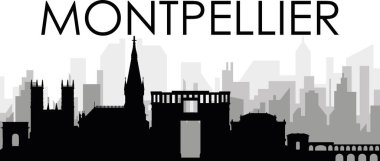 Siyah şehir manzaralı gökyüzü manzaralı gri sisli şehir binaları arka planda Montpellier, FRANCE