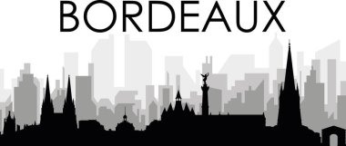 BORDEAUX, FRANCE arka planında gri sisli şehir binaları olan siyah şehir manzarası manzarası