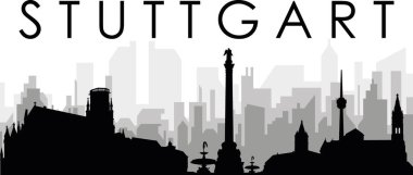 STUTTGART, GERMANY arka planında gri sisli şehir binaları olan siyah şehir manzarası manzarası