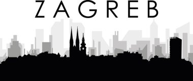 ZAGREB, CROATIA arka planında gri sisli şehir binaları olan siyah şehir manzaralı gökyüzü manzarası
