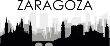 ZARAGOZA, İspanya 'nın arka planında gri sisli şehir binaları olan siyah şehir manzarası gökyüzü manzarası
