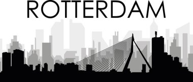 ROTTERDAM, NETHERLANDS arka planında gri sisli şehir binaları ile siyah şehir manzarası gökyüzü manzarası