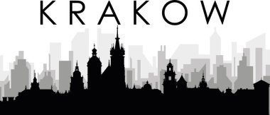 KRAKOW, POLAND 'ın arka planında gri sisli şehir binaları olan siyah şehir manzaralı gökyüzü manzarası