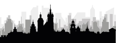 KRAKOW, POLAND 'ın arka planında gri sisli şehir binaları olan siyah şehir manzaralı gökyüzü manzarası