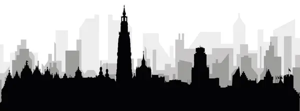 Black Cityscape Skyline Panorama Gray Misty City Buildings Background Antwerp — Stock Vector