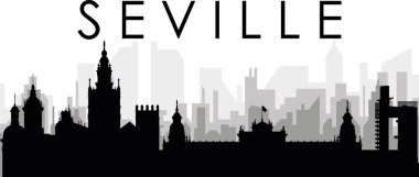 SEVILLE, SPAIN arka planında gri sisli şehir binaları olan siyah şehir manzaralı gökyüzü manzarası