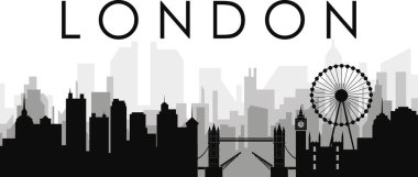 İngiltere 'nin London şehrinin arka planında gri sisli şehir binaları bulunan siyah şehir manzaralı gökyüzü manzarası