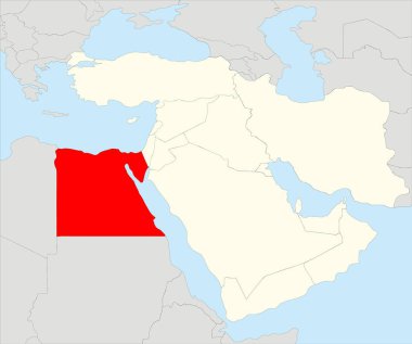 Siyah ülke sınırları gri kıta arkaplanı ve mavi deniz yüzeyleri üzerinde vurgulanmış bej Orta Doğu 'nun ortografik projeksiyonunu kullanarak EGYPT' nin kırmızı basit, boş siyasi haritası