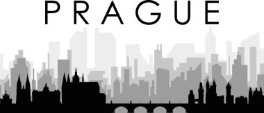 PRAGUE, CZECH REPUBLIC arka planında gri sisli şehir binaları ile siyah şehir manzarası gökyüzü manzarası
