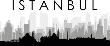 ISTANBUL, TURKEY arka planında gri sisli şehir binaları olan siyah şehir manzarası manzarası manzarası
