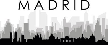 Siyah şehir manzarası gökyüzü manzarası gri sisli şehir binaları arka planda MADRID, SPAIN