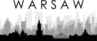 WARsaw, POLAND 'ın arka planında gri sisli şehir binaları olan siyah şehir manzaralı gökyüzü manzarası