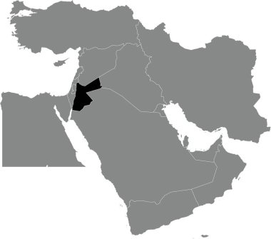 Siyah, Gri Ortadoğu 'nun ortografik projeksiyonunu kullanarak saydam arkaplan üzerinde beyaz ülke sınırlarına sahip JORDAN' ın boş siyasi haritasını detaylı olarak açıkladı