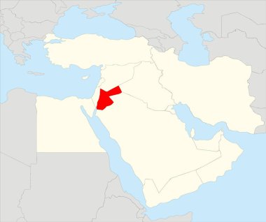 Siyah ülke sınırları gri kıta arkaplanı ve mavi deniz yüzeyleri üzerinde vurgulanmış bej Ortadoğu 'nun ortografik yansıması kullanılarak oluşturulan kırmızı basit CMYK boş siyasi haritası
