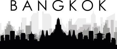 BANGKOK, THAILAND 'ın arka planında gri sisli şehir binaları olan siyah şehir manzarası gökyüzü manzarası