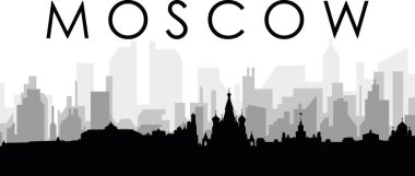 MOSCOW, RUSSIA 'nın arka planında gri sisli şehir binaları bulunan siyah şehir manzarası manzarası