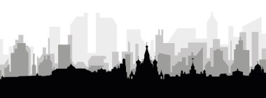 MOSCOW, RUSSIA 'nın arka planında gri sisli şehir binaları bulunan siyah şehir manzarası manzarası