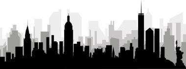 New York Şehri 'nin arka planında gri sisli şehir binalarıyla siyah şehir manzarası manzarası, Birleşik Devletler