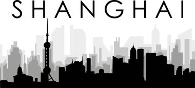 ŞANGHAI, ÇİN 'in arka planında gri sisli şehir binaları olan siyah şehir manzaralı gökyüzü manzarası