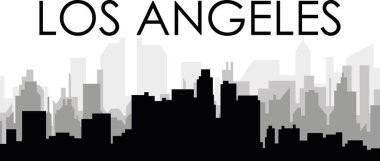 LOS ANGELES, Birleşik Devletler 'in arka planında gri sisli şehir binaları olan siyah şehir manzarası manzarası