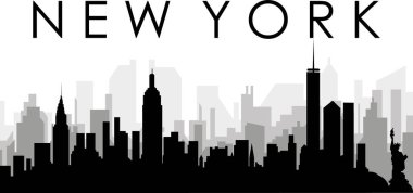 New York Şehri 'nin arka planında gri sisli şehir binalarıyla siyah şehir manzarası manzarası, Birleşik Devletler