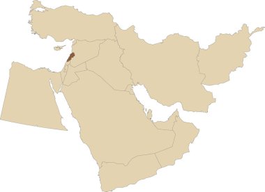 Koyu kahverengi, açık kahverengi Ortadoğu 'nun ortografik projeksiyonunu kullanarak saydam arkaplan üzerinde siyah ülke sınırları olan LEBANON' un boş CMYK siyasal haritası