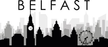 BELFAST, IRELAND 'ın arka planında gri sisli şehir binaları olan siyah şehir manzaralı gökyüzü manzarası