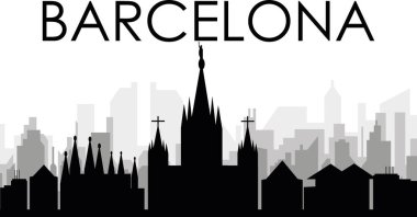 BARCELONA, SPAIN arka planında gri sisli şehir binaları olan siyah şehir manzarası gökyüzü manzarası