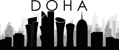 DOHA, QATAR arka planında gri sisli şehir binaları olan siyah şehir manzaralı gökyüzü manzarası
