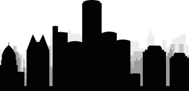 DETROIT, BİRLİK DETROIT 'un arka planında gri sisli şehir binalarıyla siyah şehir manzarası gökyüzü manzarası