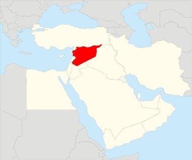 Belirtilen bej Orta Doğu 'nun ortografik yansıması kullanılarak, siyah ülke sınırları gri kıta arkaplanı ve mavi deniz yüzeyleri üzerinde olan kırmızı, basit, CMYK boş siyasal SYRIA haritası
