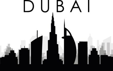 DUBAI 'nin arka planında gri sisli şehir binalarıyla siyah şehir manzarası gökyüzü manzarası, BİRLİK ARAB EMIRATES