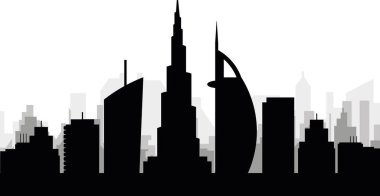 DUBAI 'nin arka planında gri sisli şehir binalarıyla siyah şehir manzarası gökyüzü manzarası, BİRLİK ARAB EMIRATES
