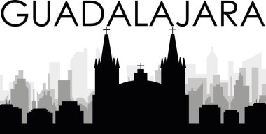 GuADALAJARA, MEXICO arka planında gri sisli şehir binaları olan siyah şehir manzarası gökyüzü manzarası