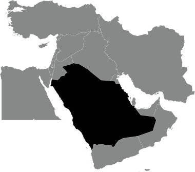 Siyah, gri Ortadoğu 'nun ortografik yansıması kullanılarak saydam arka planda beyaz kenarlı SAUDI ARABIA' nın ayrıntılı boş siyasi haritası