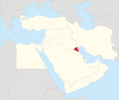 KUWAIT 'ın gri arka planı üzerinde siyah sınırları ve mavi deniz yüzeyleri olan kırmızı, basit, boş bir siyasi haritası, vurgulanmış bej rengi Orta Doğu' nun ortografik yansımasını kullanıyor.