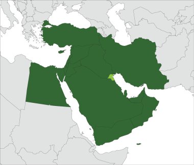 Açık yeşil KUWAIT 'ın gri arka planda siyah sınırları ve koyu yeşil Orta Doğu' nun ortografik projeksiyonunu kullanarak beyaz deniz yüzeyleri ile ilgili ayrıntılı siyasi haritası.