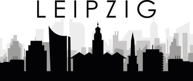 LEIPZIG, ALMANY 'nin arka planında gri sisli şehir binalarıyla siyah şehir manzarası manzarası