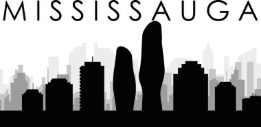 MISSISSAUGA, CANADA arka planında gri sisli şehir binaları olan siyah şehir manzarası manzarası manzarası
