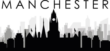 MANCHESTER, BİRLİK KINGDOM 'un arka planında gri sisli şehir binaları olan siyah şehir manzarası gökyüzü manzarası