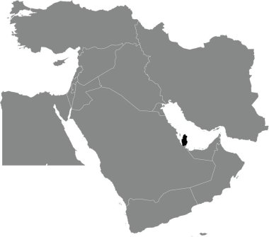Gri Ortadoğu 'nun ortografik yansıması kullanılarak saydam arkaplan üzerinde beyaz kenarlı Katar' ın siyah detaylı boş siyasi haritası