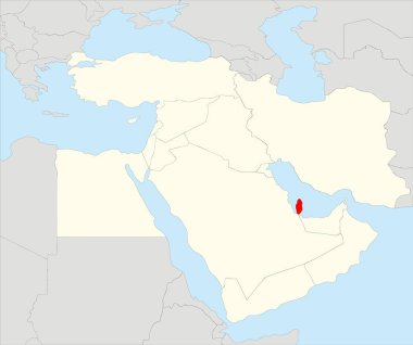 KATAR 'ın gri kıta arka planında siyah sınırları ve mavi deniz yüzeyleri olan basit kırmızı, boş siyasi haritası vurgulanmış bej Orta Doğu' nun ortografik yansımasını kullanıyor.